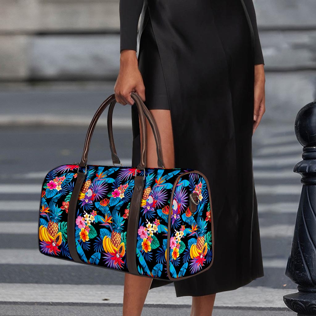 Turquoise Hawaiian Fruits Pattern Print Duffle Bag