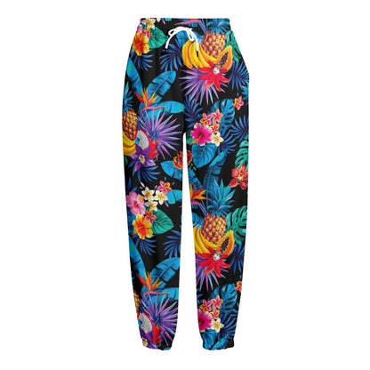 Turquoise Hawaiian Fruits Pattern Print Fleece Lined Knit Pants