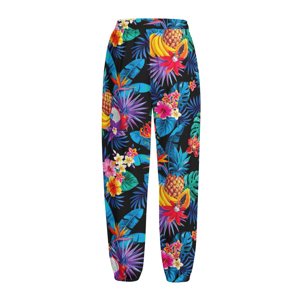 Turquoise Hawaiian Fruits Pattern Print Fleece Lined Knit Pants