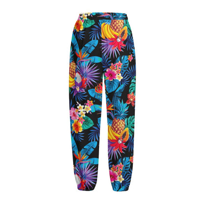 Turquoise Hawaiian Fruits Pattern Print Fleece Lined Knit Pants