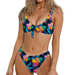 Turquoise Hawaiian Fruits Pattern Print Front Bow Tie Bikini