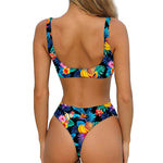 Turquoise Hawaiian Fruits Pattern Print Front Bow Tie Bikini