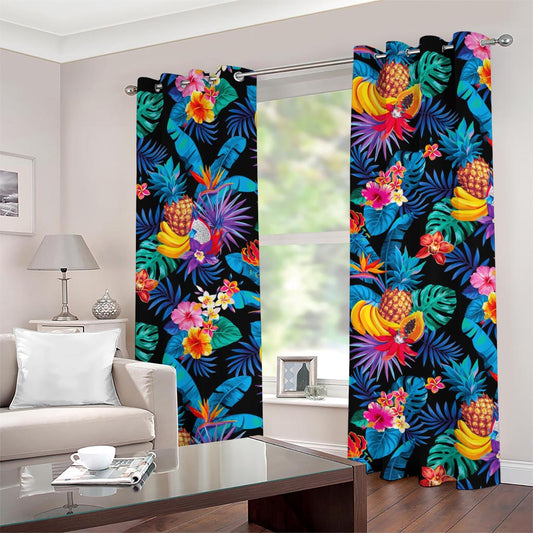 Turquoise Hawaiian Fruits Pattern Print Grommet Curtains