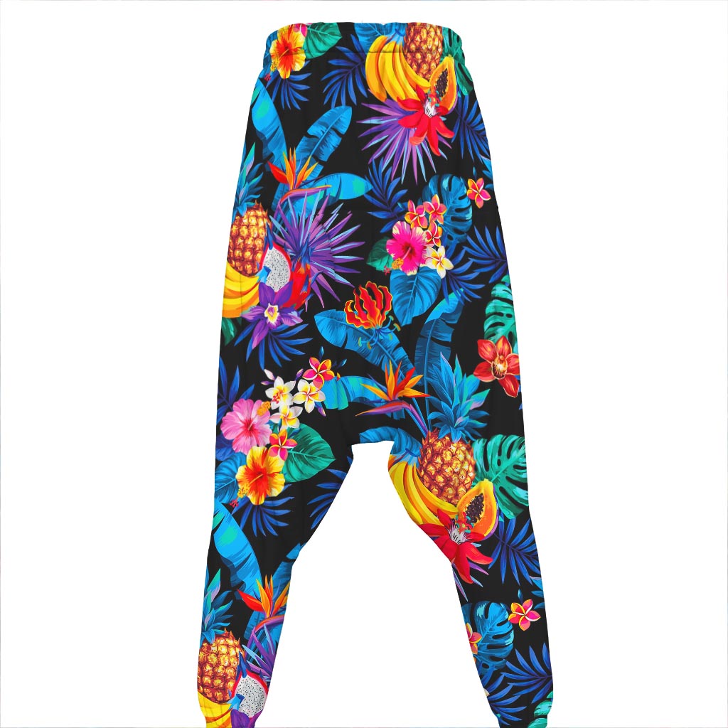 Turquoise Hawaiian Fruits Pattern Print Hammer Pants