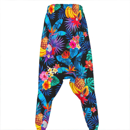 Turquoise Hawaiian Fruits Pattern Print Hammer Pants