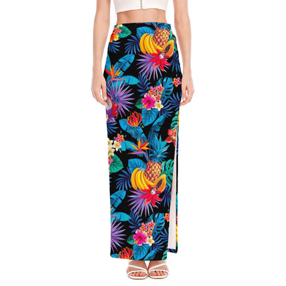 Turquoise Hawaiian Fruits Pattern Print High Slit Maxi Skirt