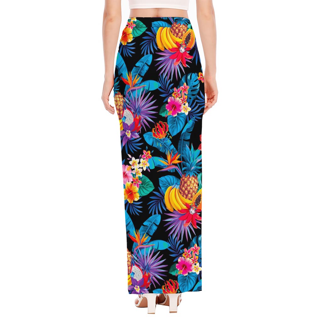 Turquoise Hawaiian Fruits Pattern Print High Slit Maxi Skirt