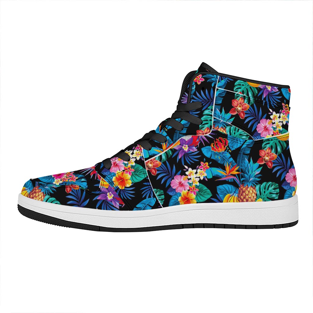 Turquoise Hawaiian Fruits Pattern Print High Top Leather Sneakers
