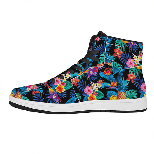 Turquoise Hawaiian Fruits Pattern Print High Top Leather Sneakers