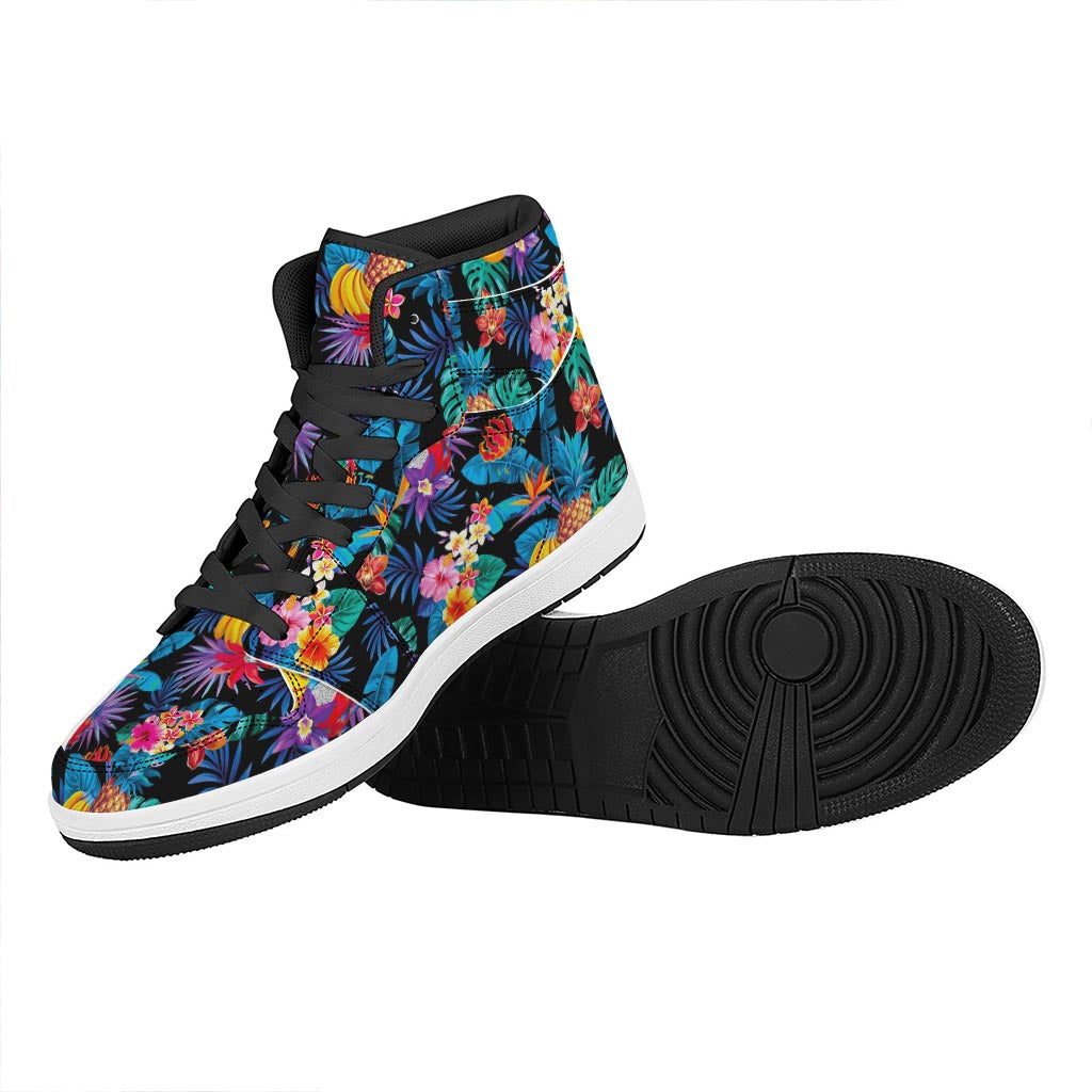 Turquoise Hawaiian Fruits Pattern Print High Top Leather Sneakers