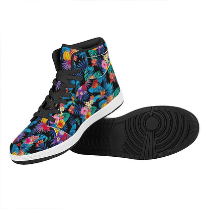 Turquoise Hawaiian Fruits Pattern Print High Top Leather Sneakers