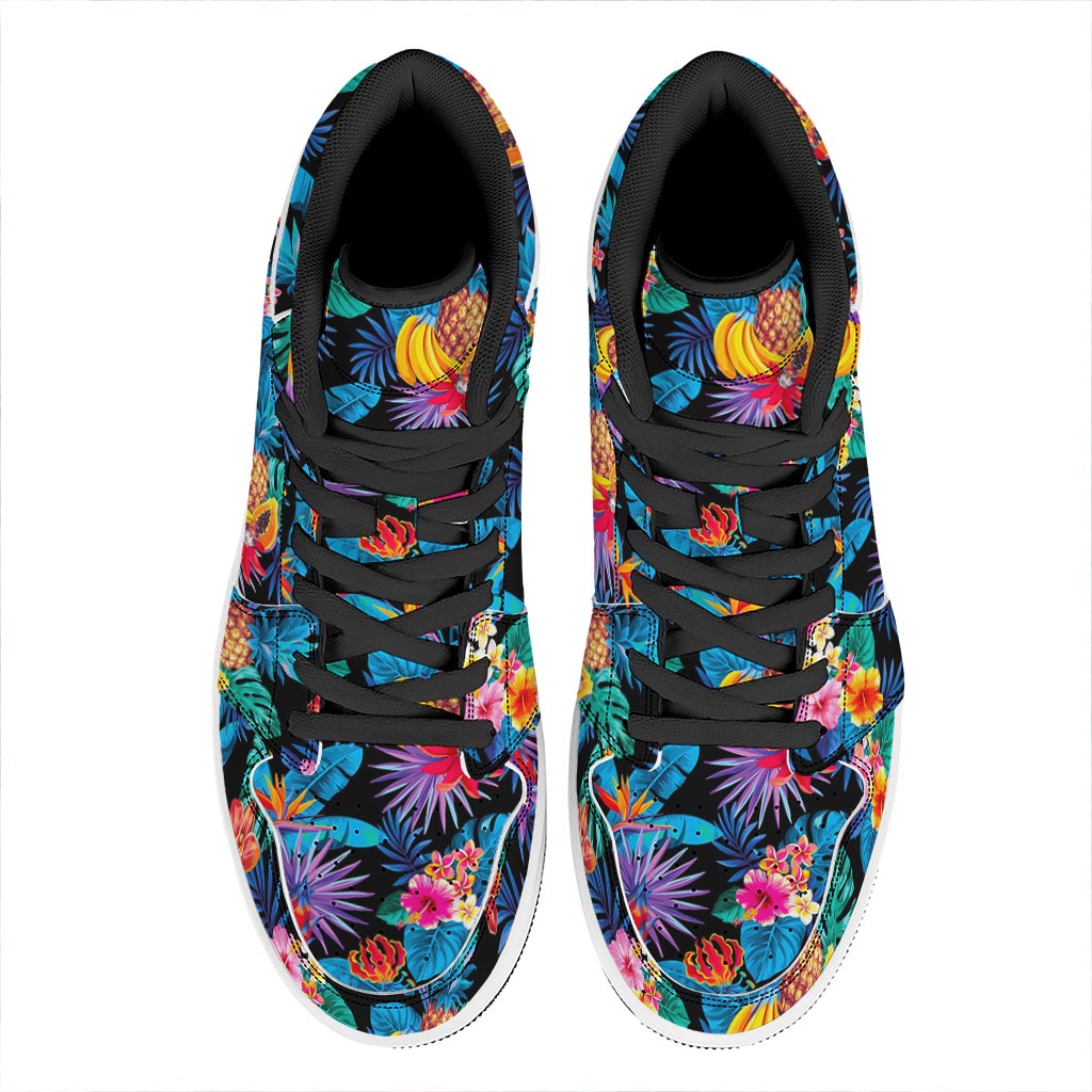 Turquoise Hawaiian Fruits Pattern Print High Top Leather Sneakers