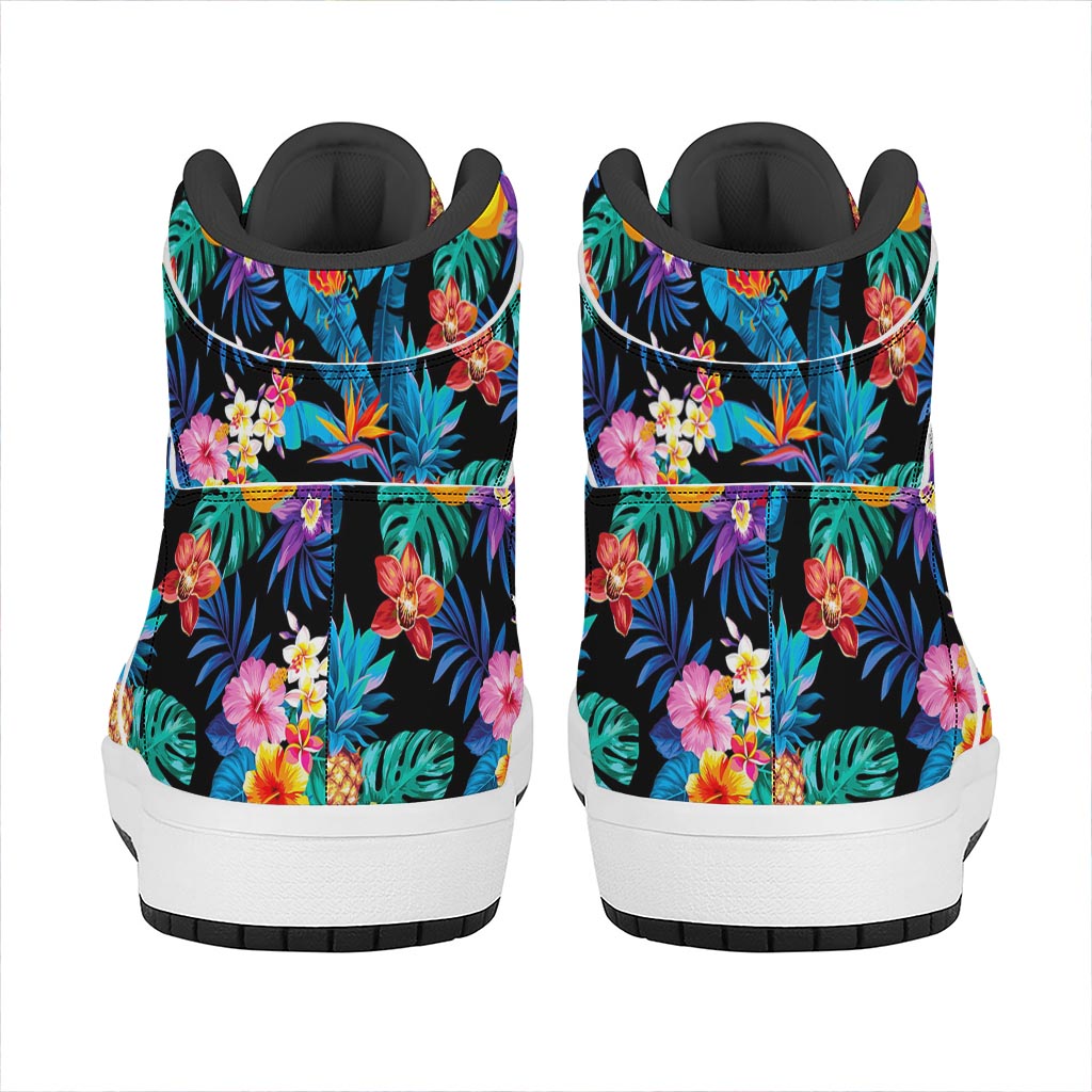 Turquoise Hawaiian Fruits Pattern Print High Top Leather Sneakers