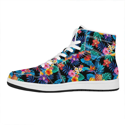 Turquoise Hawaiian Fruits Pattern Print High Top Leather Sneakers