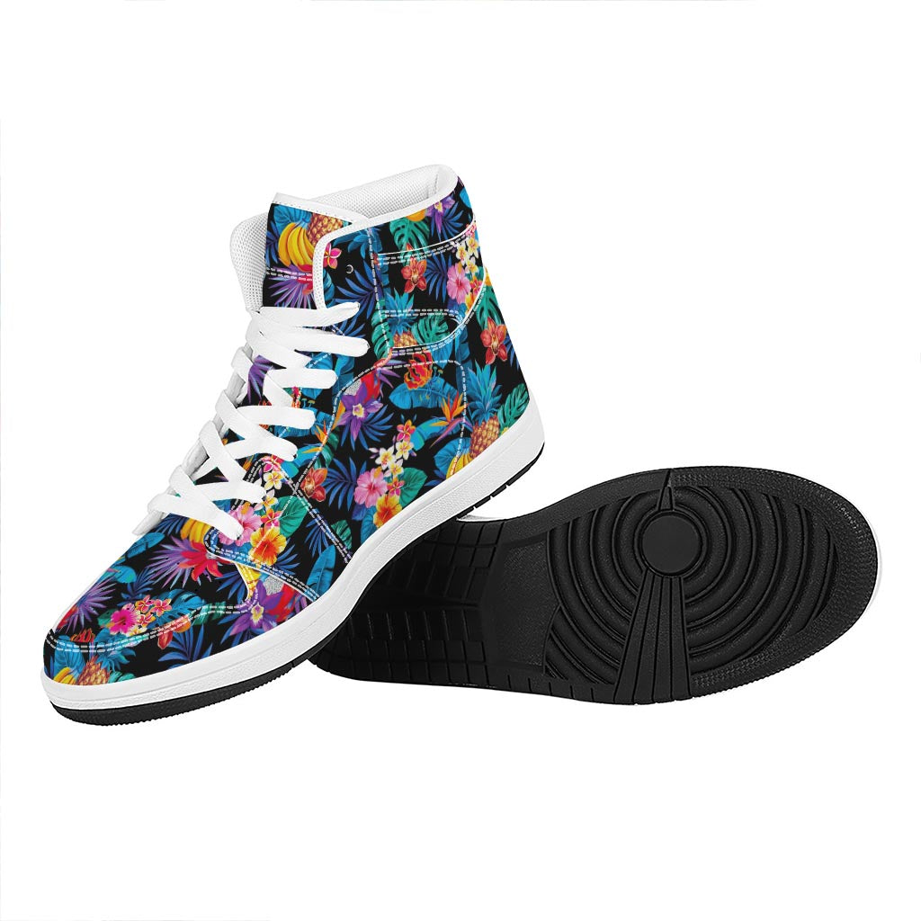 Turquoise Hawaiian Fruits Pattern Print High Top Leather Sneakers