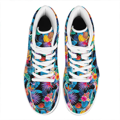 Turquoise Hawaiian Fruits Pattern Print High Top Leather Sneakers