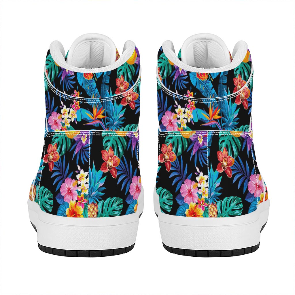 Turquoise Hawaiian Fruits Pattern Print High Top Leather Sneakers