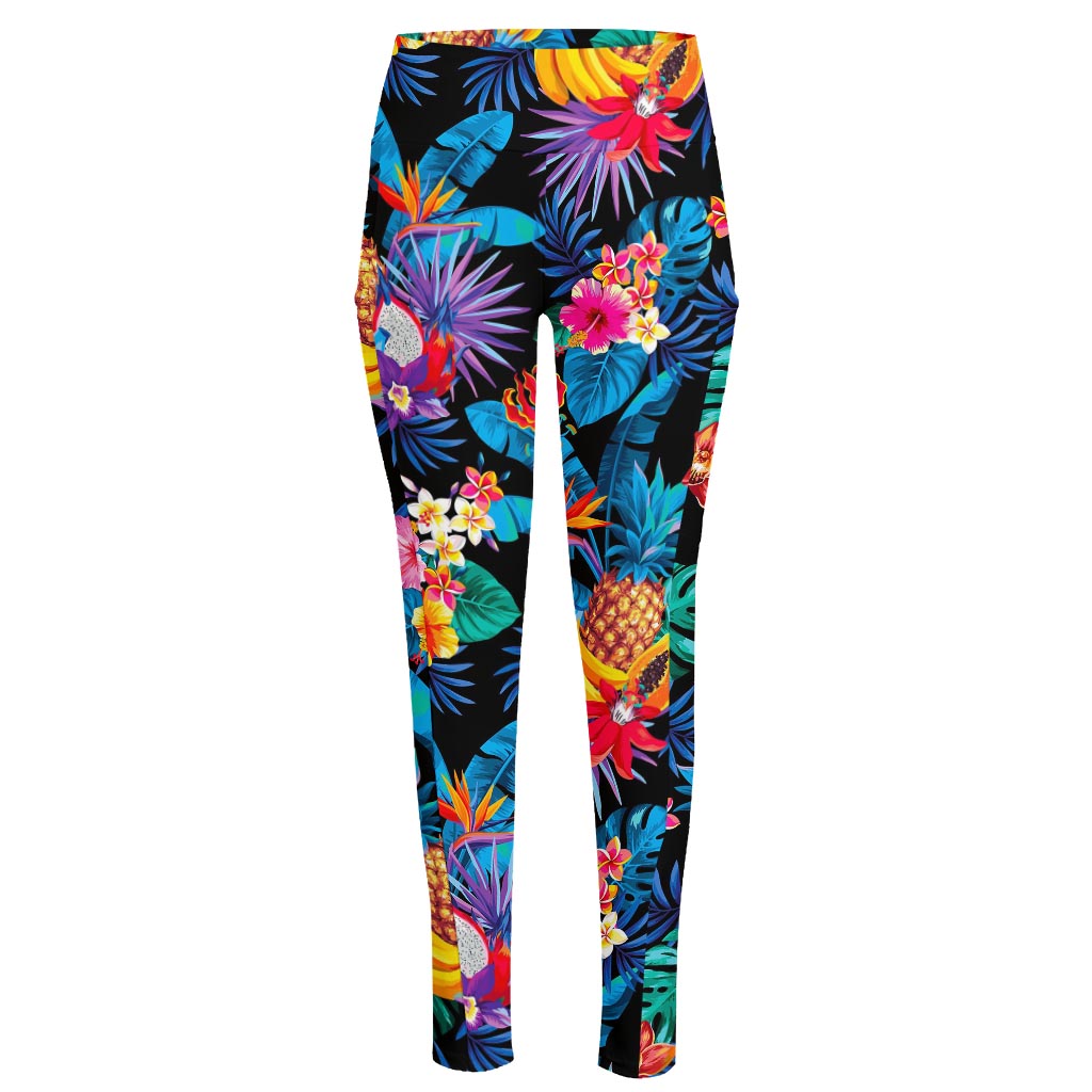 Turquoise Hawaiian Fruits Pattern Print High-Waisted Pocket Leggings