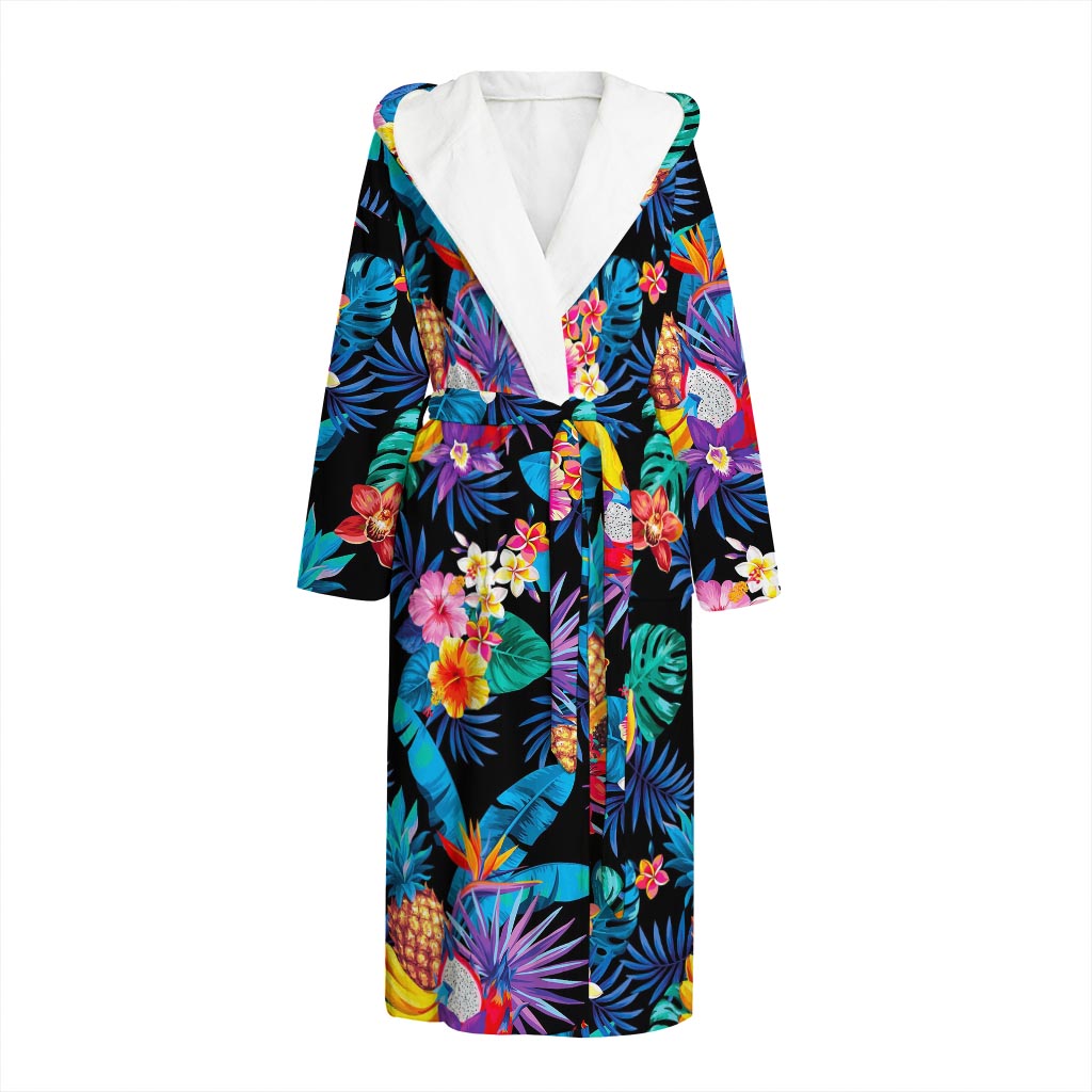 Turquoise Hawaiian Fruits Pattern Print Hooded Bathrobe