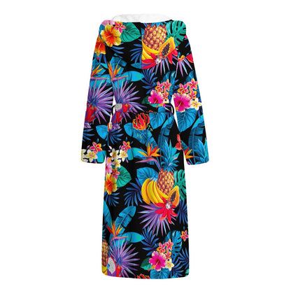 Turquoise Hawaiian Fruits Pattern Print Hooded Bathrobe