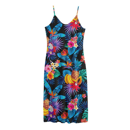 Turquoise Hawaiian Fruits Pattern Print Jersey Midi Cami Dress