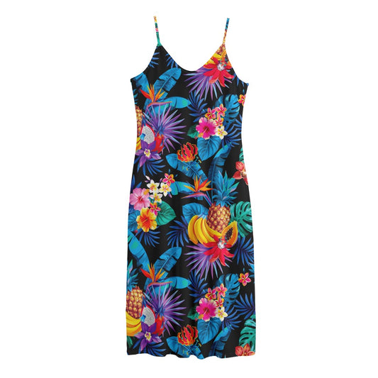 Turquoise Hawaiian Fruits Pattern Print Jersey Midi Cami Dress