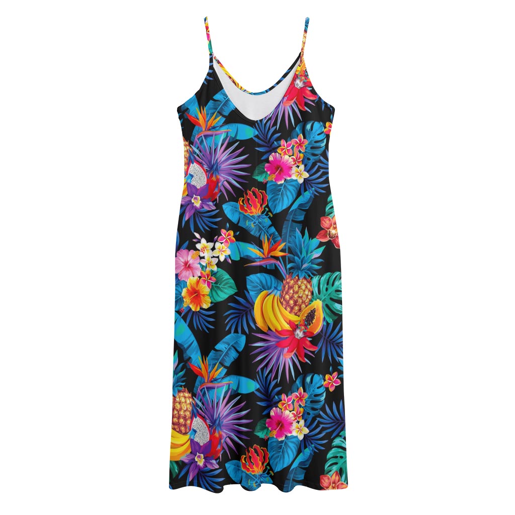 Turquoise Hawaiian Fruits Pattern Print Jersey Midi Cami Dress