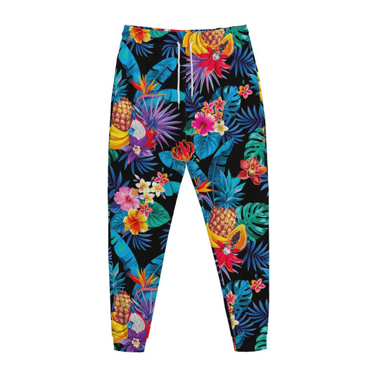 Turquoise Hawaiian Fruits Pattern Print Jogger Pants