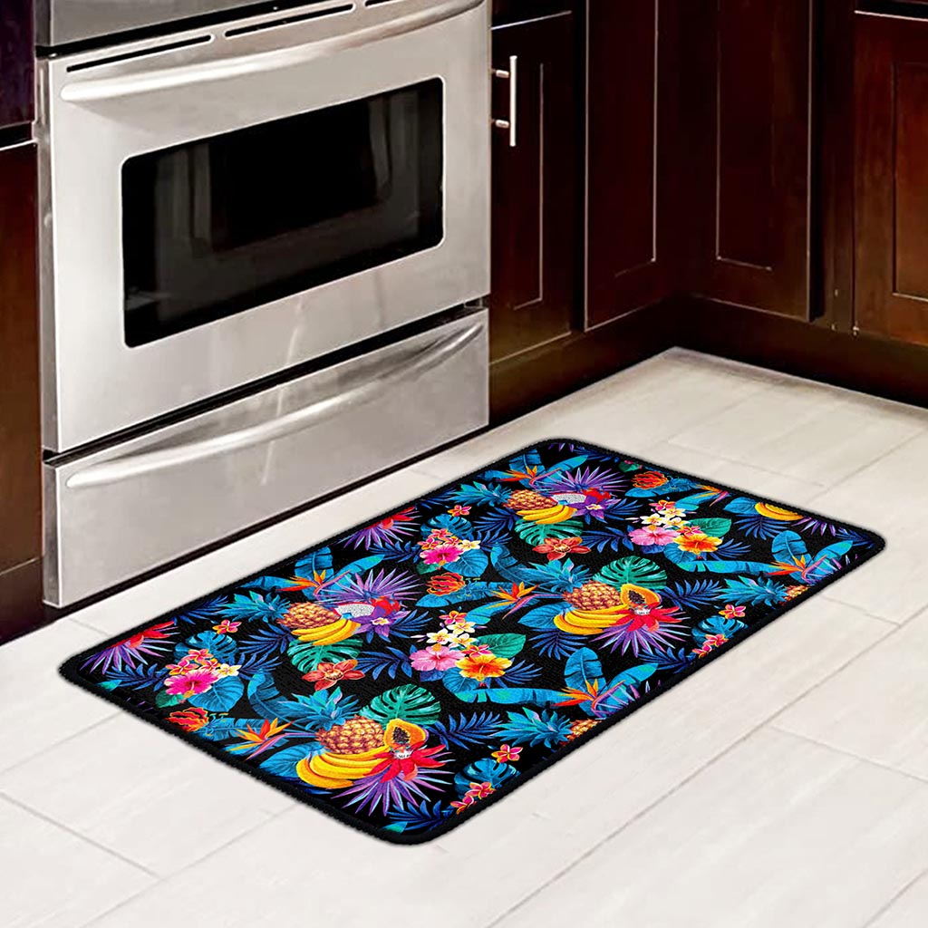 Turquoise Hawaiian Fruits Pattern Print Kitchen Mat