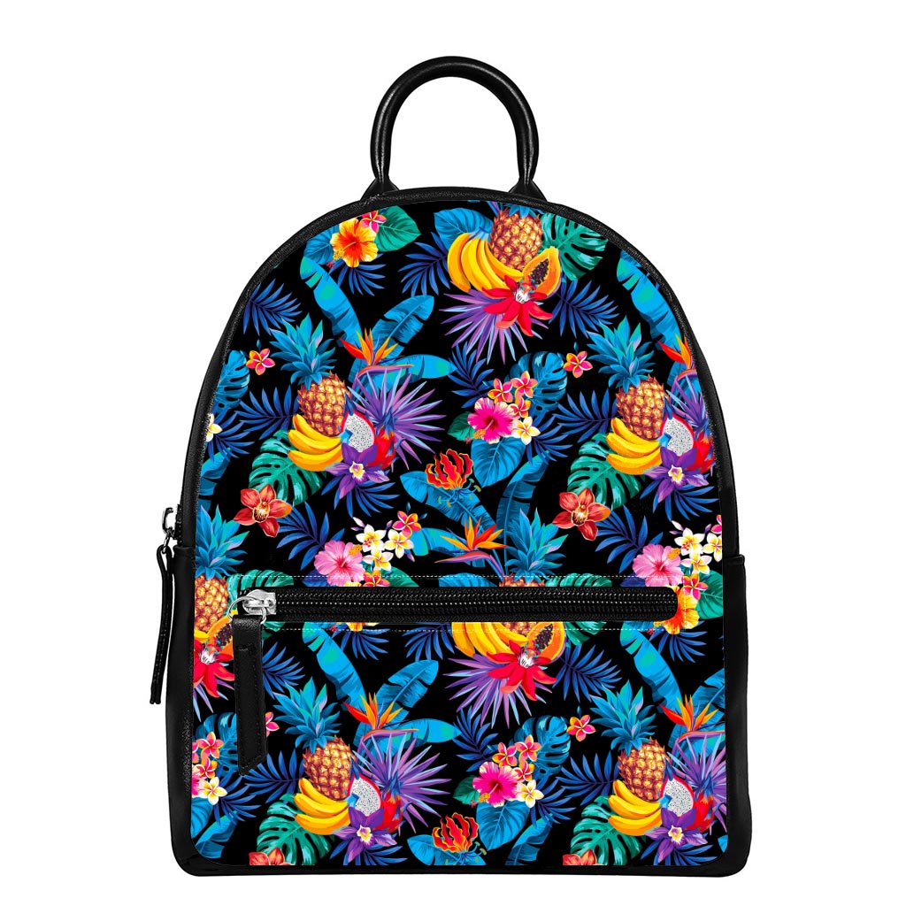 Turquoise Hawaiian Fruits Pattern Print Leather Backpack