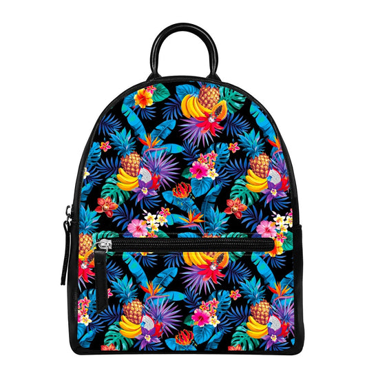 Turquoise Hawaiian Fruits Pattern Print Leather Backpack