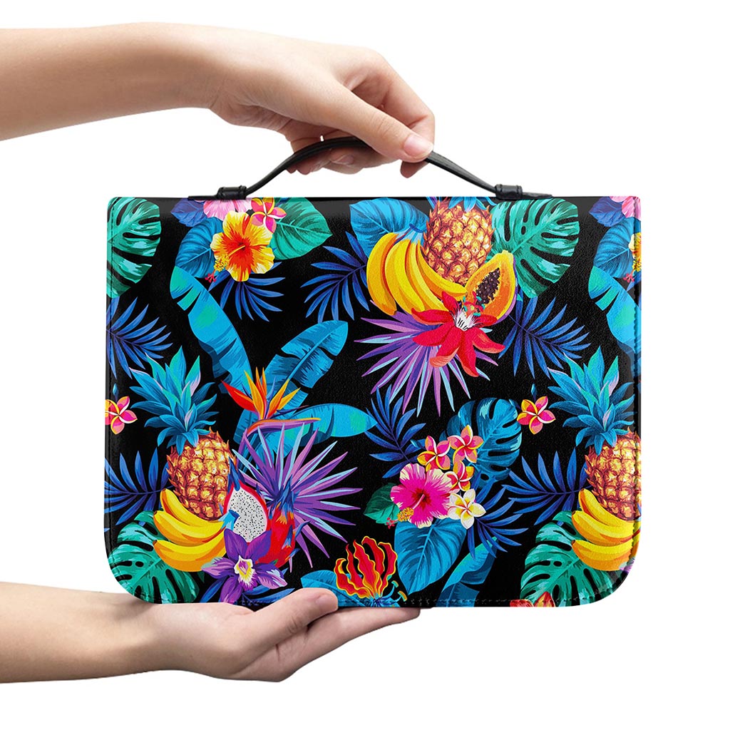 Turquoise Hawaiian Fruits Pattern Print Leather Bible Cover