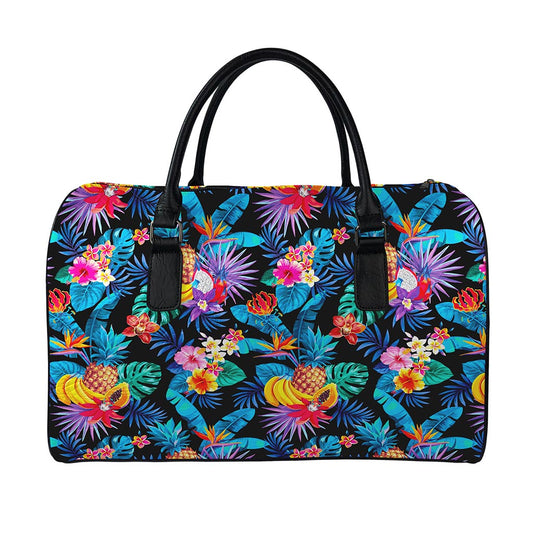 Turquoise Hawaiian Fruits Pattern Print Leather Duffle Bag