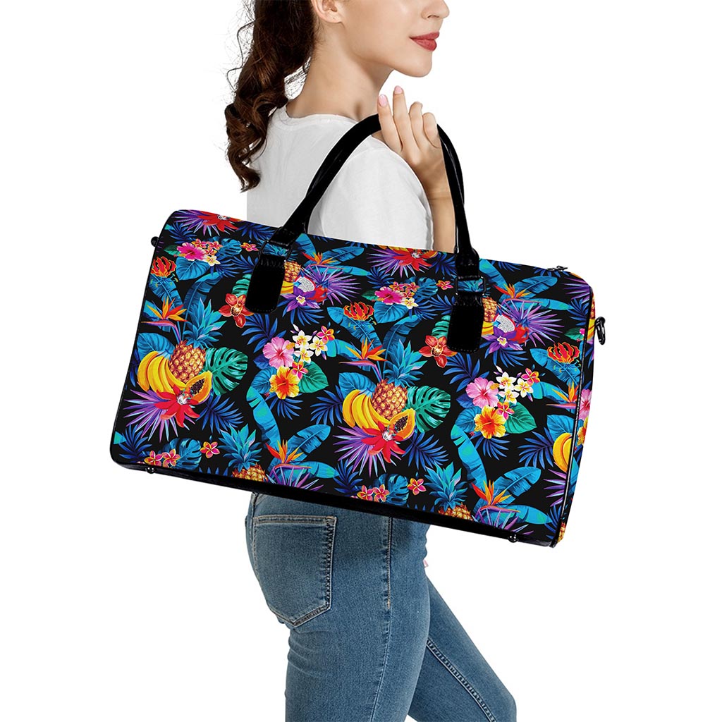 Turquoise Hawaiian Fruits Pattern Print Leather Duffle Bag