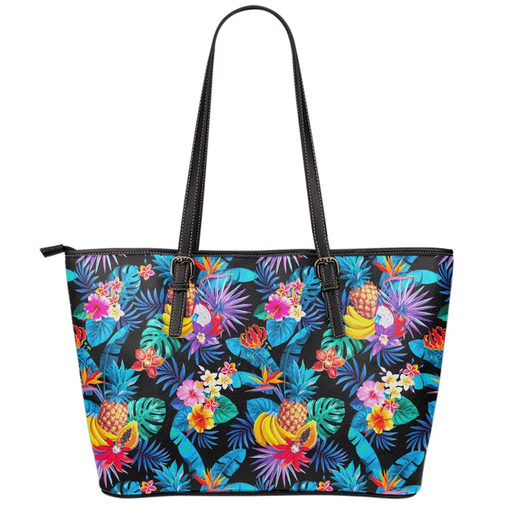 Turquoise Hawaiian Fruits Pattern Print Leather Tote Bag