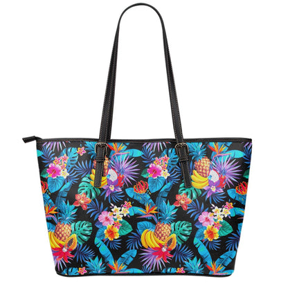 Turquoise Hawaiian Fruits Pattern Print Leather Tote Bag