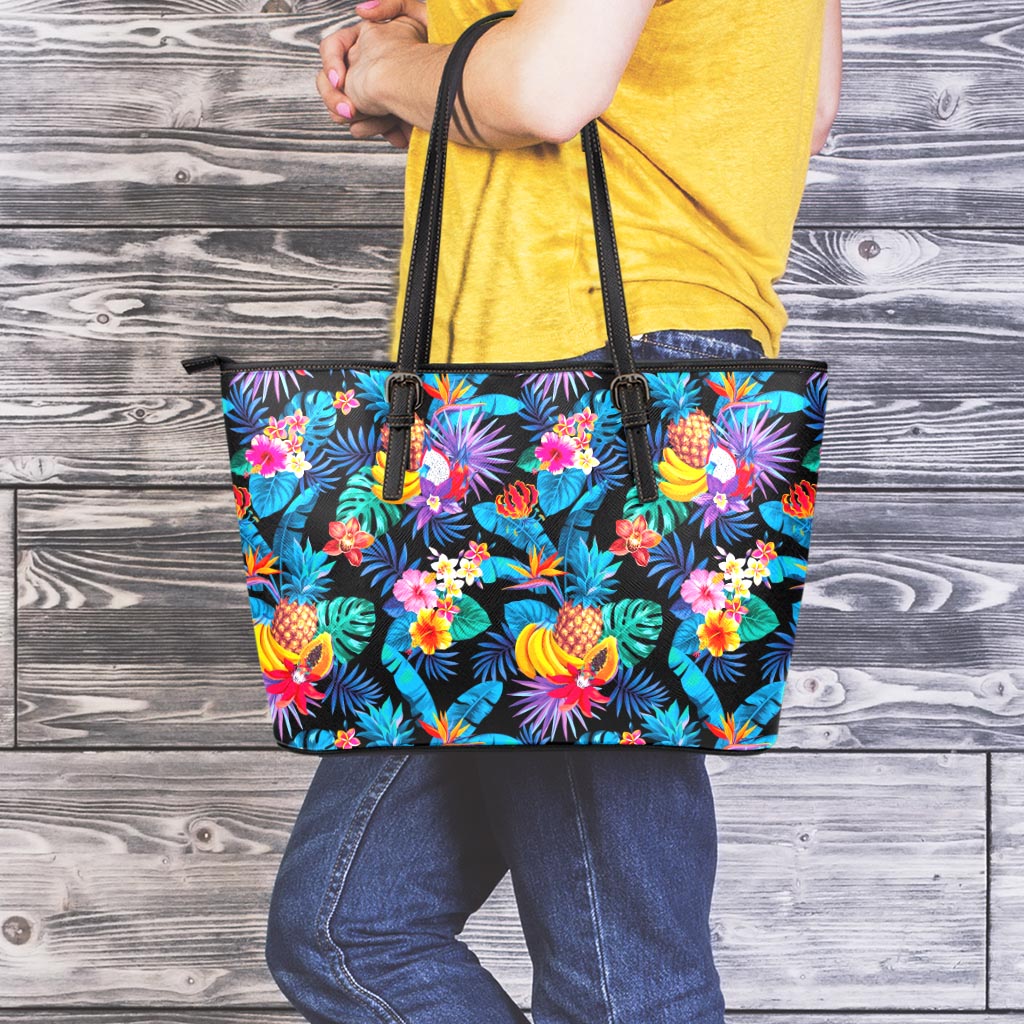 Turquoise Hawaiian Fruits Pattern Print Leather Tote Bag