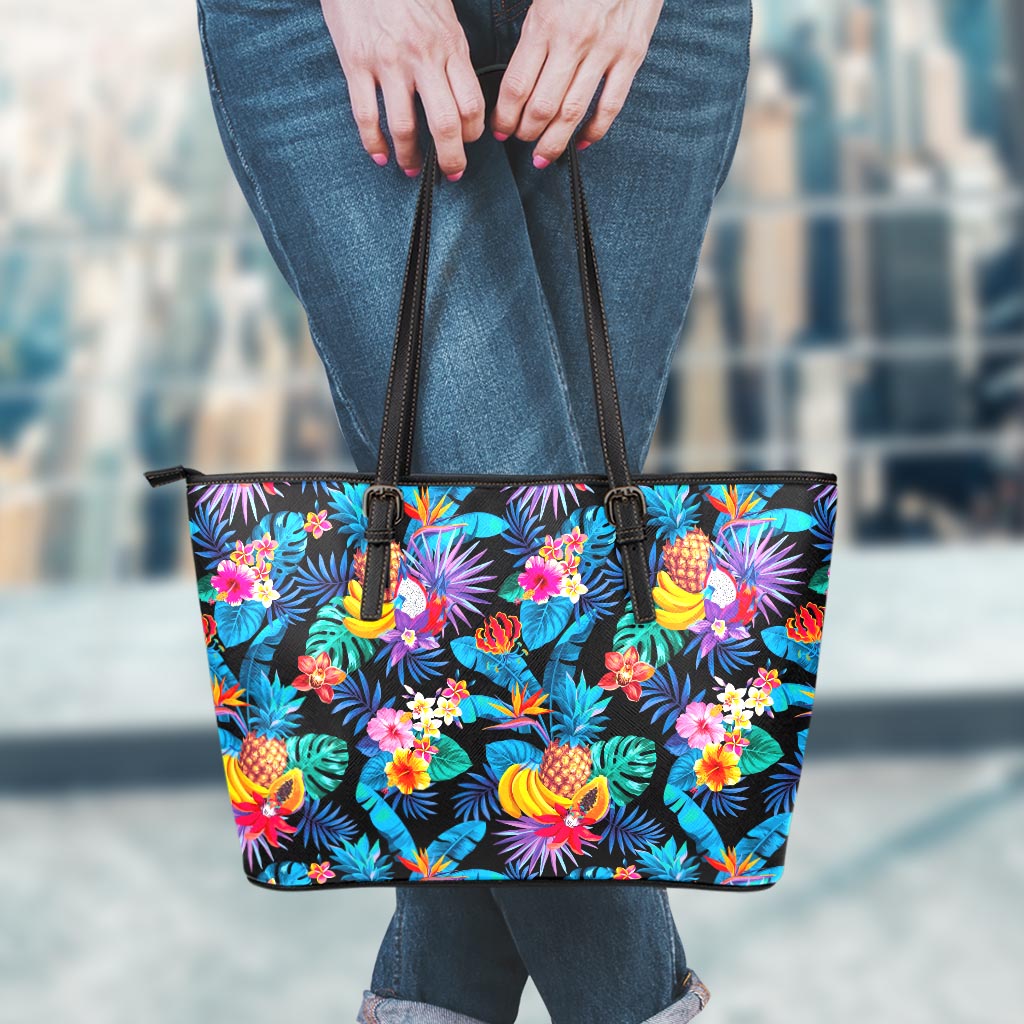 Turquoise Hawaiian Fruits Pattern Print Leather Tote Bag