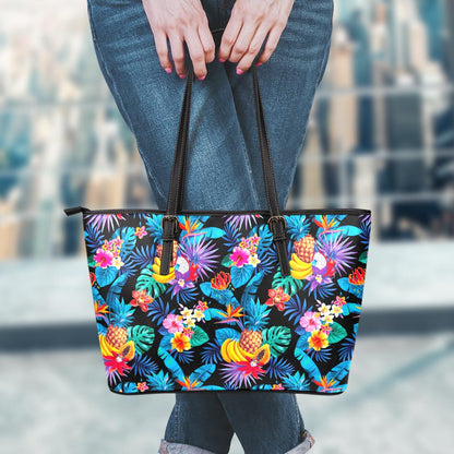 Turquoise Hawaiian Fruits Pattern Print Leather Tote Bag