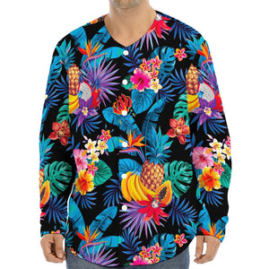 Turquoise Hawaiian Fruits Pattern Print Long Sleeve Baseball Jersey