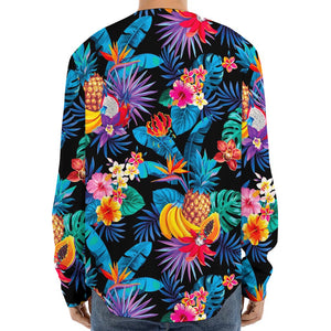 Turquoise Hawaiian Fruits Pattern Print Long Sleeve Baseball Jersey