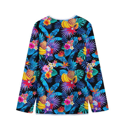 Turquoise Hawaiian Fruits Pattern Print Long Sleeve Short Coat