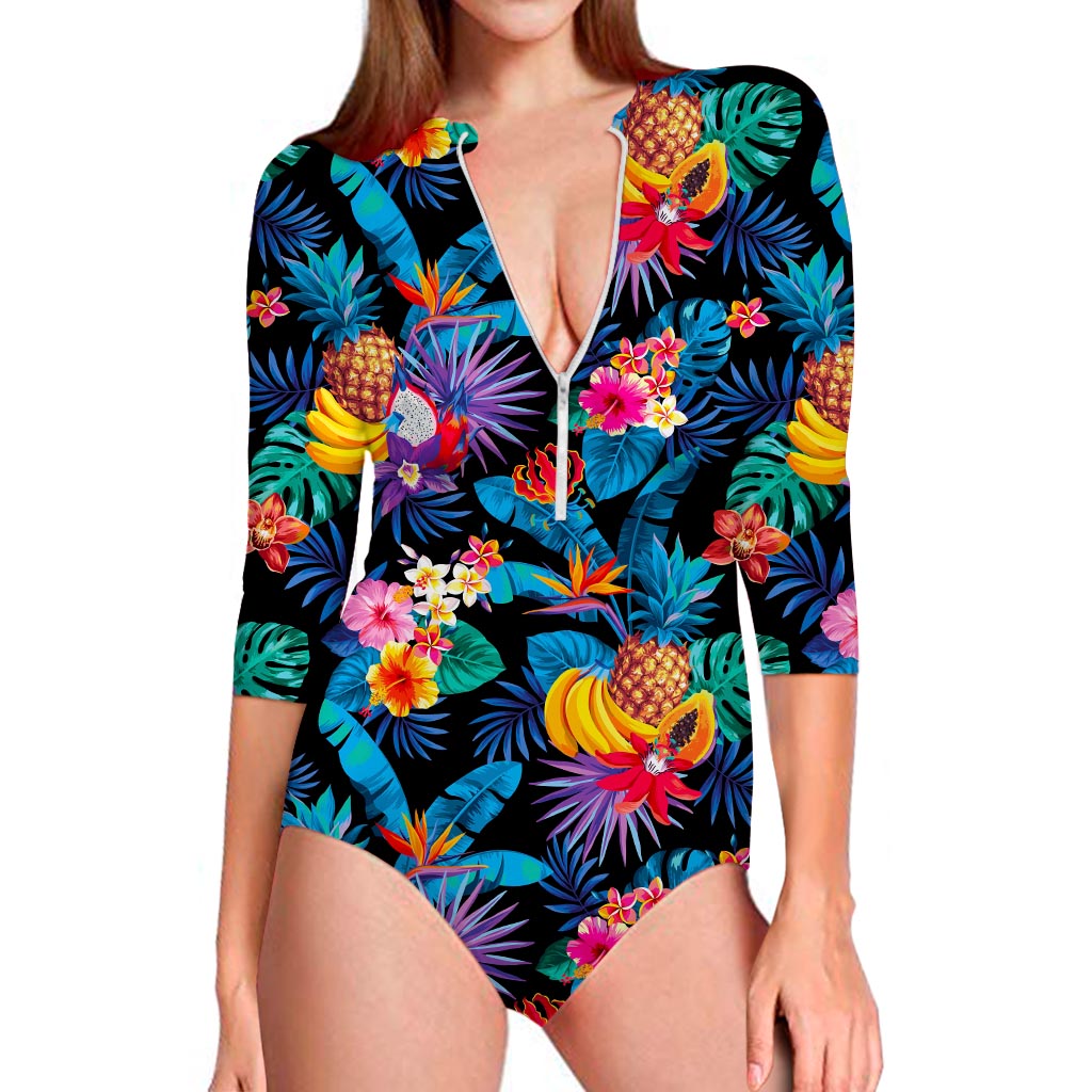 Turquoise Hawaiian Fruits Pattern Print Long Sleeve Swimsuit