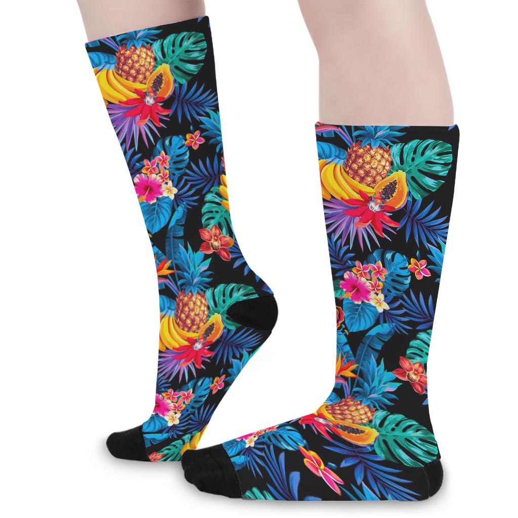 Turquoise Hawaiian Fruits Pattern Print Long Socks