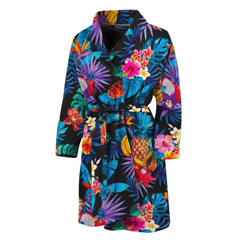 Turquoise Hawaiian Fruits Pattern Print Men's Bathrobe