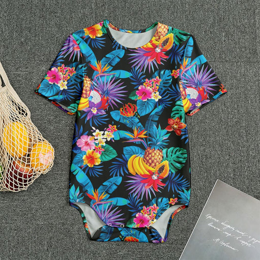 Turquoise Hawaiian Fruits Pattern Print Men's Bodysuit