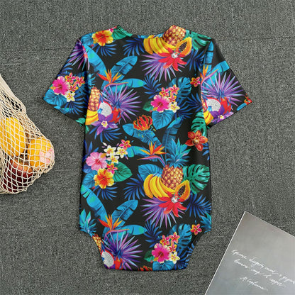 Turquoise Hawaiian Fruits Pattern Print Men's Bodysuit