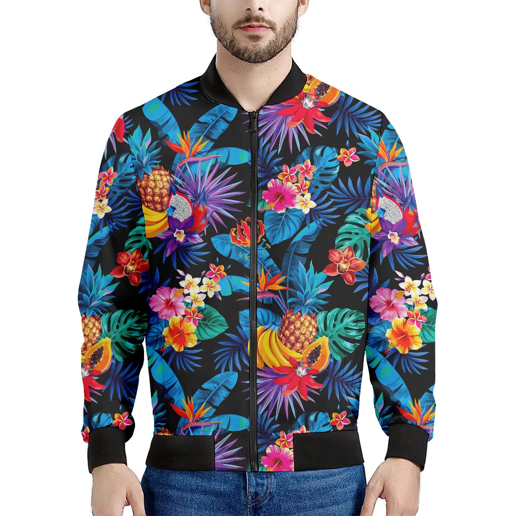 Turquoise Hawaiian Fruits Pattern Print Men's Bomber Jacket