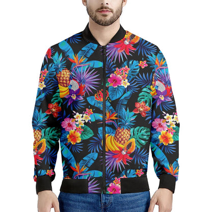 Turquoise Hawaiian Fruits Pattern Print Men's Bomber Jacket