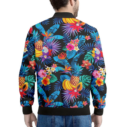 Turquoise Hawaiian Fruits Pattern Print Men's Bomber Jacket